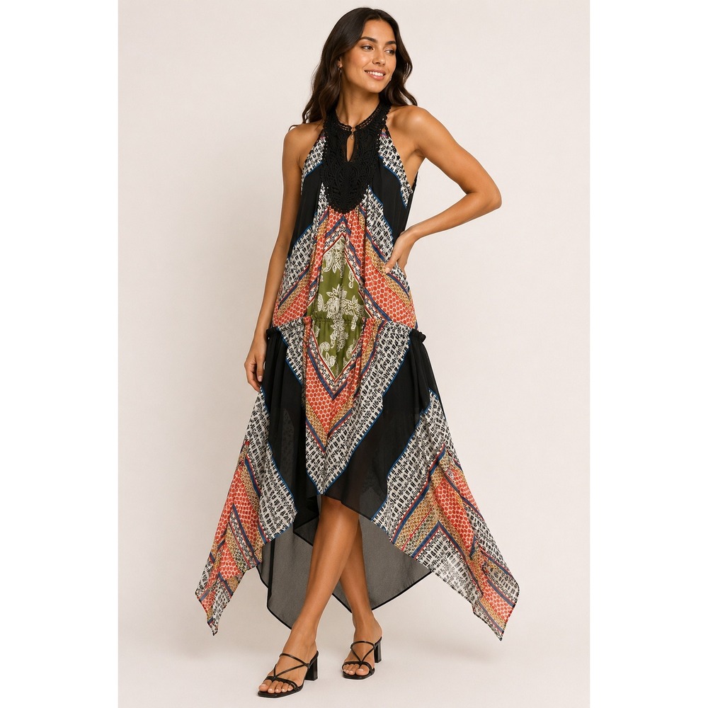 DR2 Women Black Mixed Print Halter Dress Crochet Bib Handkerchief Hem Large - Picture 1 of 6